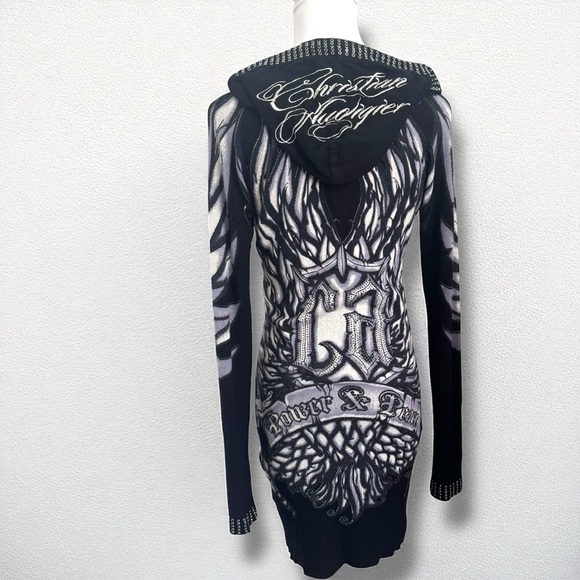 Christian Audigier Hoodie Dress – Gothic Tattoo Print, Rhinestone, LA Streetwear - Picture 3 of 15